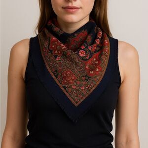 Vintage Glentex Japan Paisley Floral Scarf Navy Fringe Border 31 x 29.5